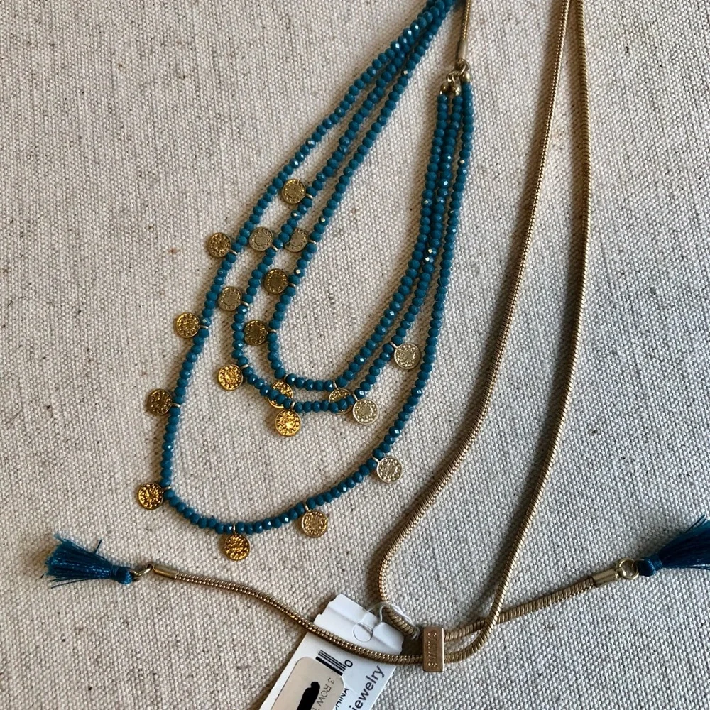 3 row teal coin gold tone Canvas necklace - Picture 5 of 8